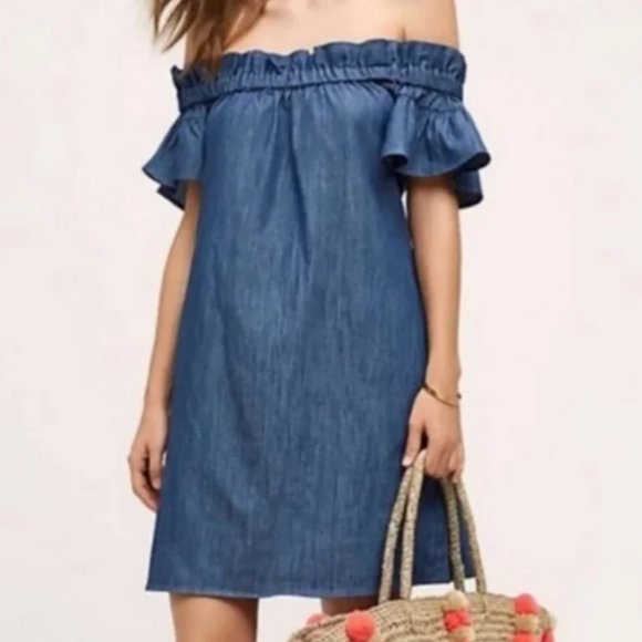 COREY LYNN CALTER off-the-shoulder chambray ruffle relaxed fit dress - Picture 11 of 11